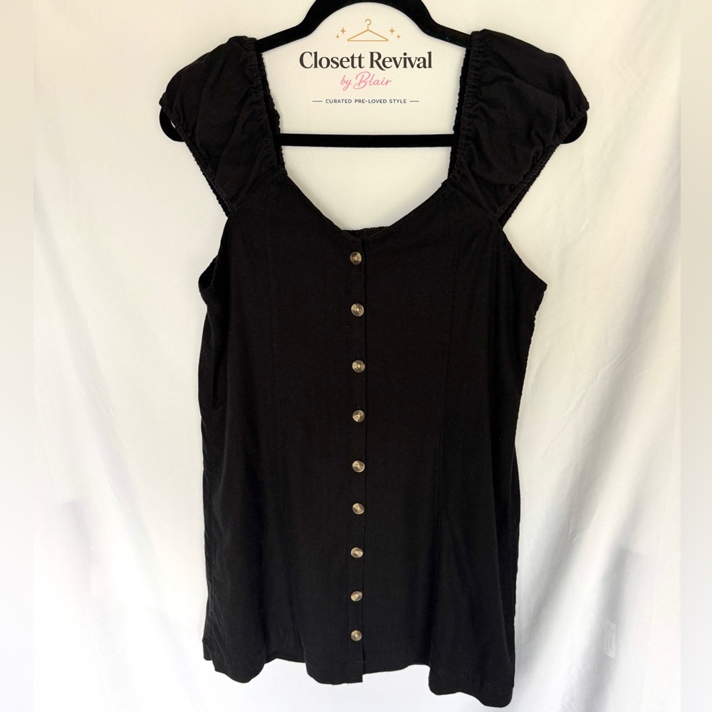 American Eagle Black Button Front Mini Dress Ruffle Cap Sleeve Tie Back